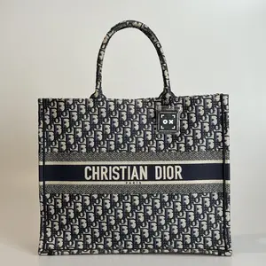Pre-owned Dior Canvas Tote Bag Book Navy Blue & Beige Oblique Monogram 37084618