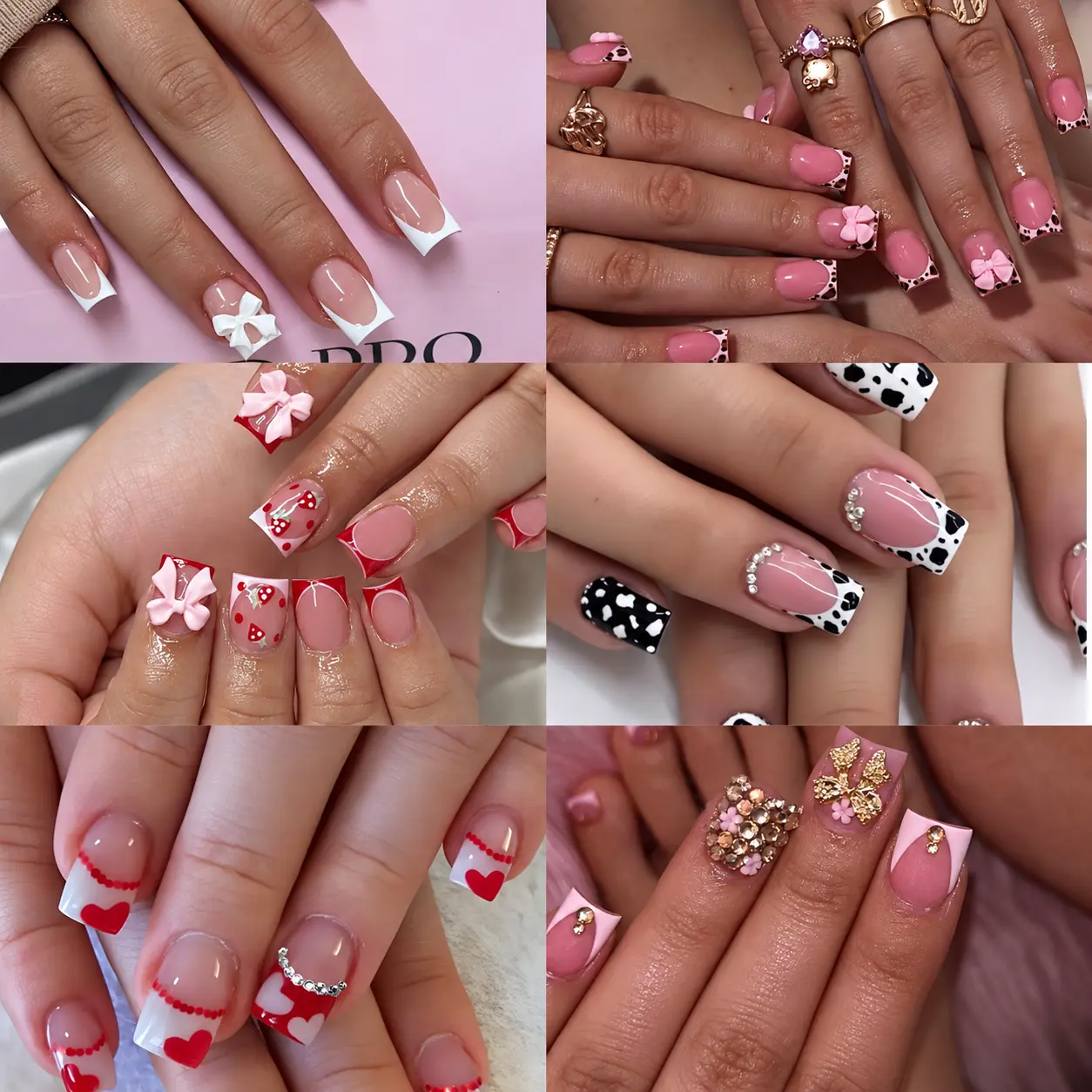 144PCS Press On Nails Set, 6 Styles 24PCS Each, Cute Pink French Fake Nails with Bow, Heart, Strawberry, Cow Print & Glossy Designs, Full Cover Square Artificial Nails for Women, DIY Manicure