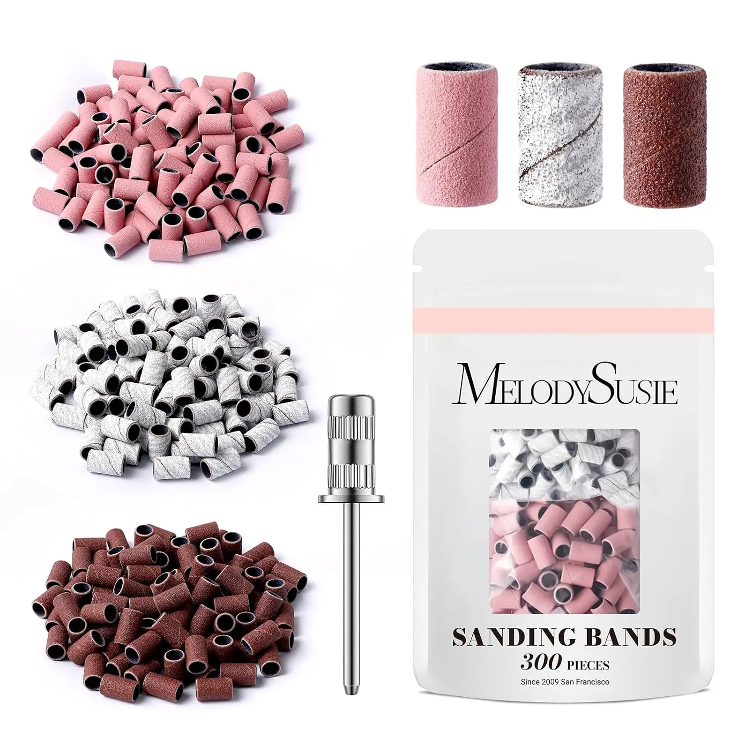 MelodySusie Sanding Bands Set with Mandrel 80/120/180/240 Grit File Nail Drill Bits 6.65mm Mandrel Bit, 3/32''for Nail Drill, Manicures and Pedicures