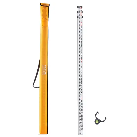 VEVOR Corrosion-Resistant Aluminum Telescopic Rod, 9ft/2.74m 3 Adjustable Sections, Double-Sided Feet/8ths + Feet/Inch Back Scale, Bubble Level, Locking Buttons Keep It Set, Carry Bag for Compact Storage, Parallel Alignment for Walls Floors Measuring