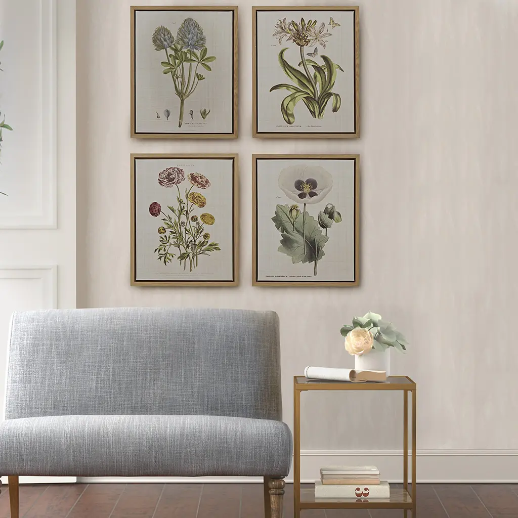 Framed Canvas Wall Art Set, 4-Piece Botanical Illustration – Vintage Flower and Plant Prints for Living Room, Bedroom, Bathroom Decor, Ready to Hang