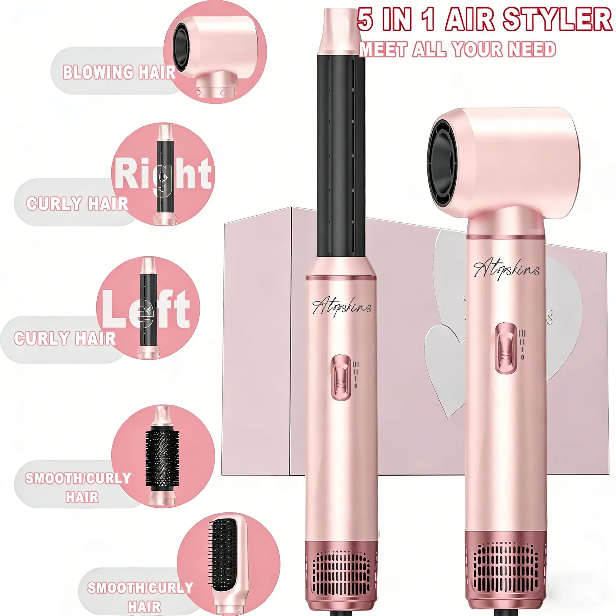 5 in 1 Hair Styler Pro, Left&Right Magic Hair Curler,3 Wind Speed and Temperature, Multi-Styler 5 in One for Drying Curling Straightening,Hair Styling