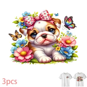 Cute Dog with Floral Butterfly Pattern DTF Heat Transfer Vinyl, DIY Iron-On Patch for T-Shirts, Jeans, Hoodies, Backpacks, Washable PVC Material