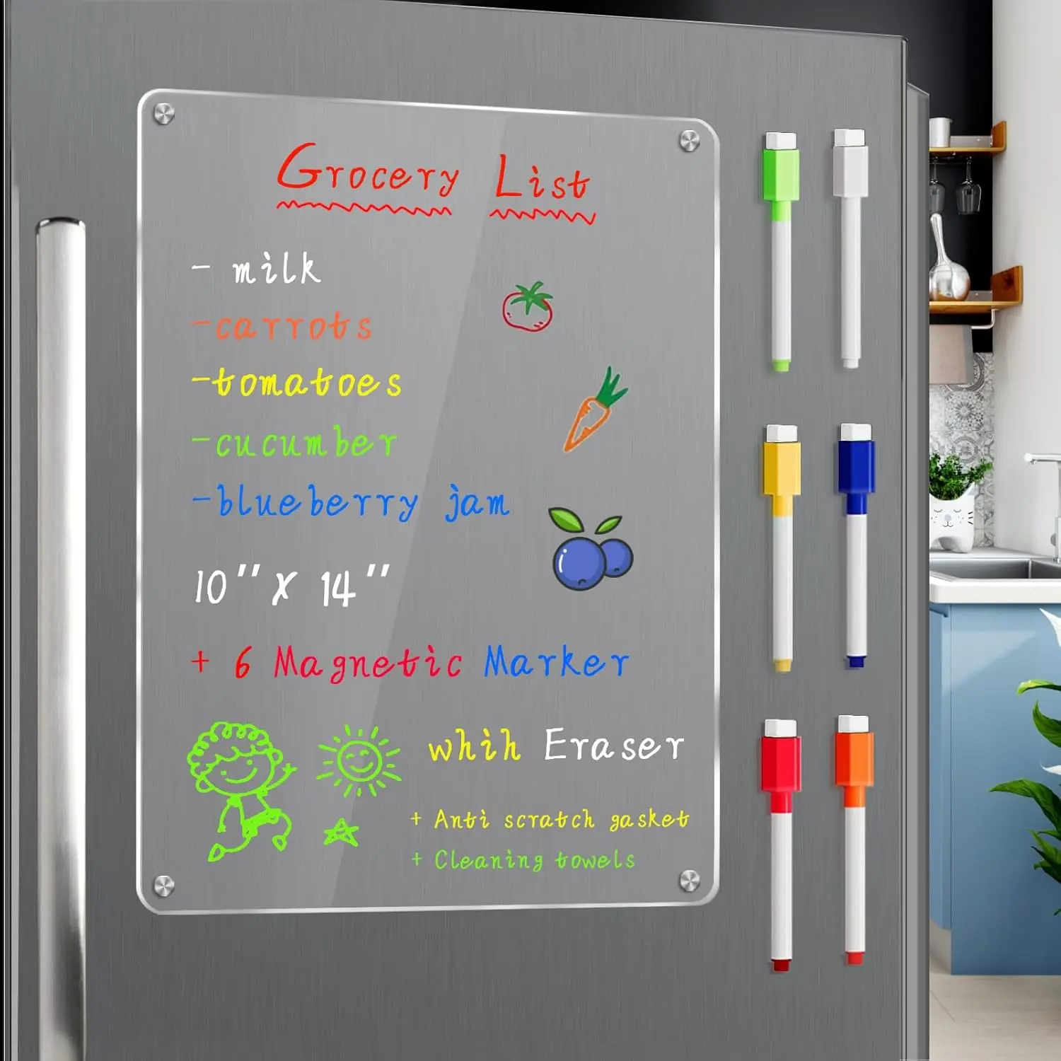 Clear Magnetic Acrylic Fridge Memo Board, 1 Pack Blank Dry Erase Board for Refrigerator with 6 Erasable Markers, Reusable Refrigerator Daily Note & To-Do List Board