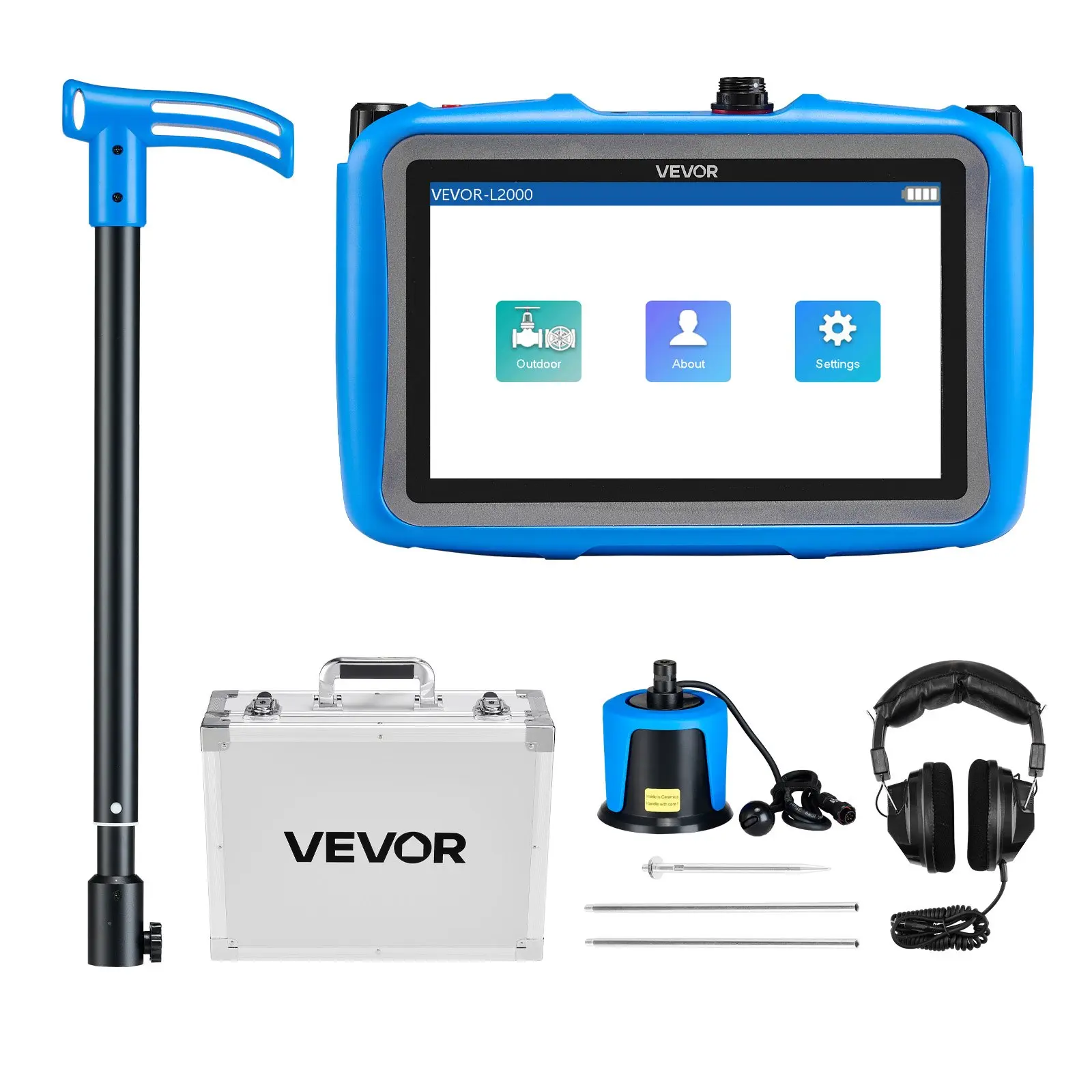 VEVOR Pipe Water Leak Detector for Outdoors, 1Hz-10000Hz, 7 Touchscreen Water Leakage Detection Locator for 16.4FT (5m) Underground Plumbing - with Medium Sensor, 3 Listening Rods, Headphone Case