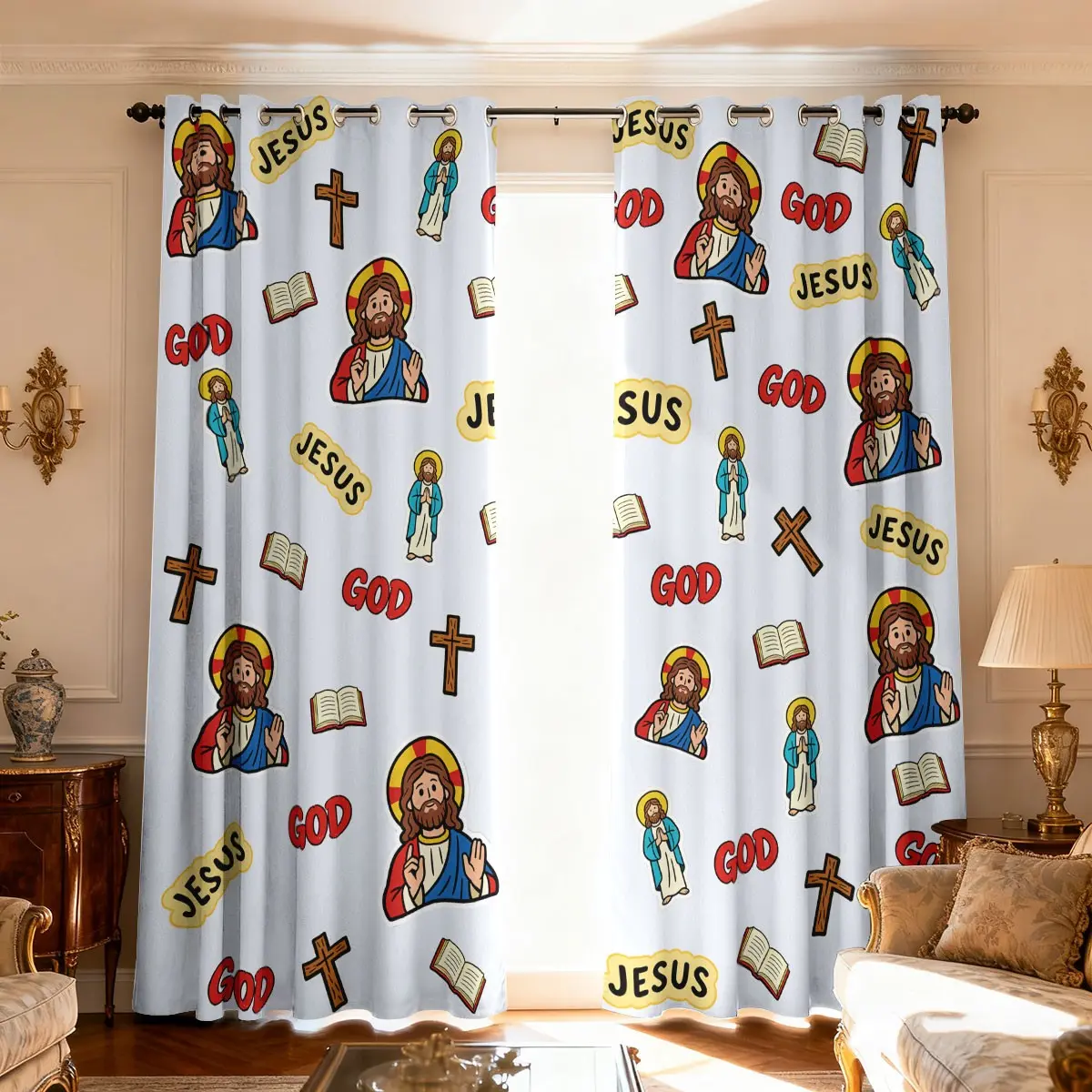 2-piece cartoon Jesus religious curtains Cross Bible GOD/JESUS printed filter translucent curtains, suitable for machine washable decorative curtains in living rooms, bedrooms, kitchens, etc.