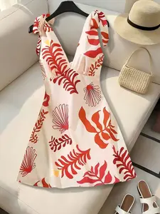 Women's Tropical Plant Print Deep V Neck Bow Shoulder Strap Sexy Beach Vacation Bodycon Dress, Elegant All over Print