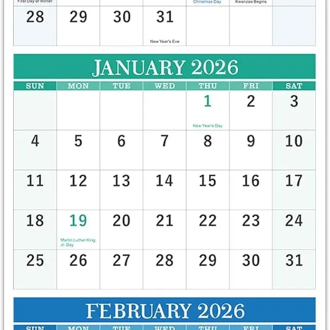 Wall Calendar 2026 3 Month Calendar Vertical January 2026 to December 2026 Calendar 2026 with Large Blocks 11'' x 26'' (Open)