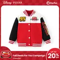 PatPat Disney Cars Lightning McQueen Toddler Boys Varsity Jacket - Red-White-Black Colorblock Bomber Coat with Chenille 95 Patch, Snap-Button Baseball Outerwear