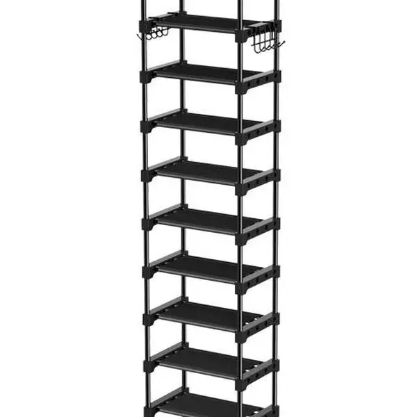 Vertical 10-Tier Narrow Shoe Rack - Space-Saving Organizer for 20-25 Pairs with 2 Hooks - Stackable Metal Shoe Shelf for Closet (Black)4o mini
