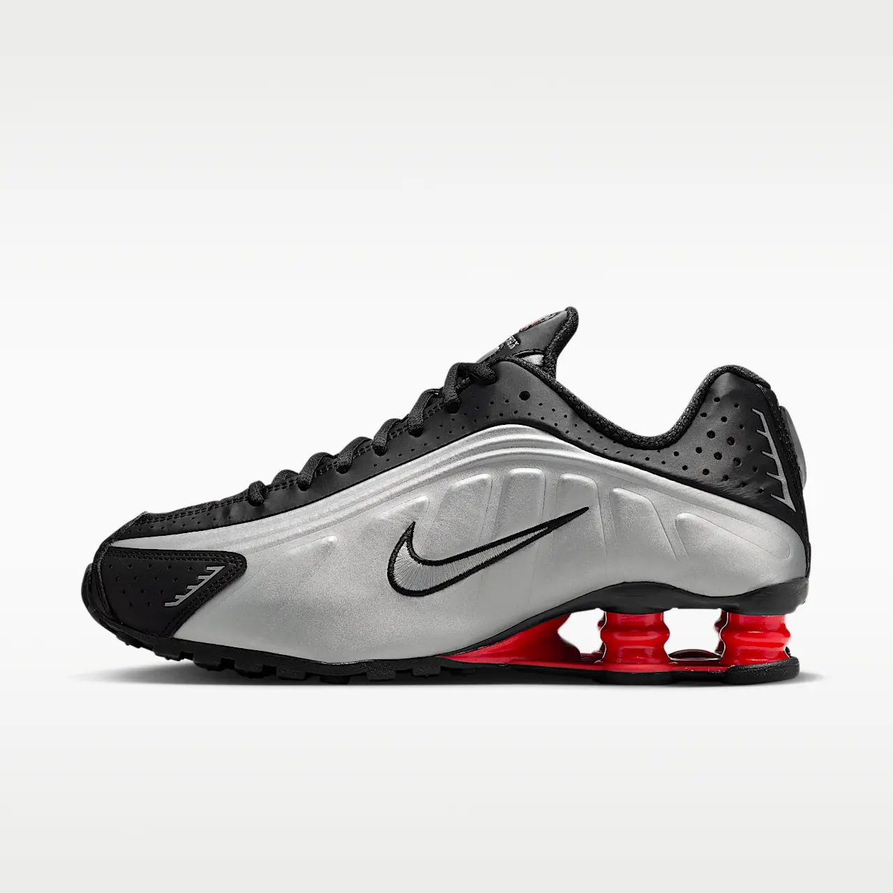 Nike Shox R4 Women's Black Light Crimson Metallic Silver Sneakers AR3565-011, Women's Lifestyle Shoes, Shox Cushioning, Mesh and Synthetic Upper, Lace-Up Closure, Retro-Inspired Design, Casual Everyday Sneakers