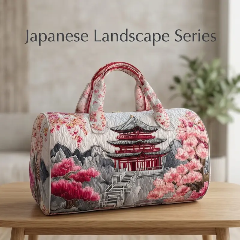 Women Quilted Duffle Bag, Cherry Blossom Pagoda Mountain Landscape Patchwork Print Shoulder Handbag, Large Capacity Weekend Overnight Travel Bag, Oriental Floral Scenery Duffle Purse for Short Trip & Shopping