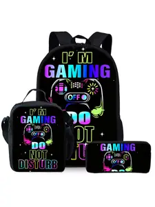 Game controller printed backpack three piece set lunch bag pencil case backpack