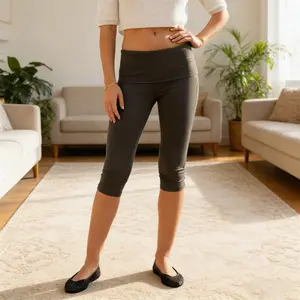 Women’s Low Rise Capri Pants Fold Over Waistband Solid ColorFit Cropped Pants Trousers