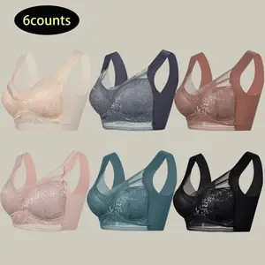【6counts】Women's Plain Contrast Lace BraSoft Breathable Push Up Bra for Summer Wear,Lady Minimalist Basic Lingerie Top pushbra SuitsWomenswear Seamless Wireless Elegant Casua Fit Stretchy Everyday
