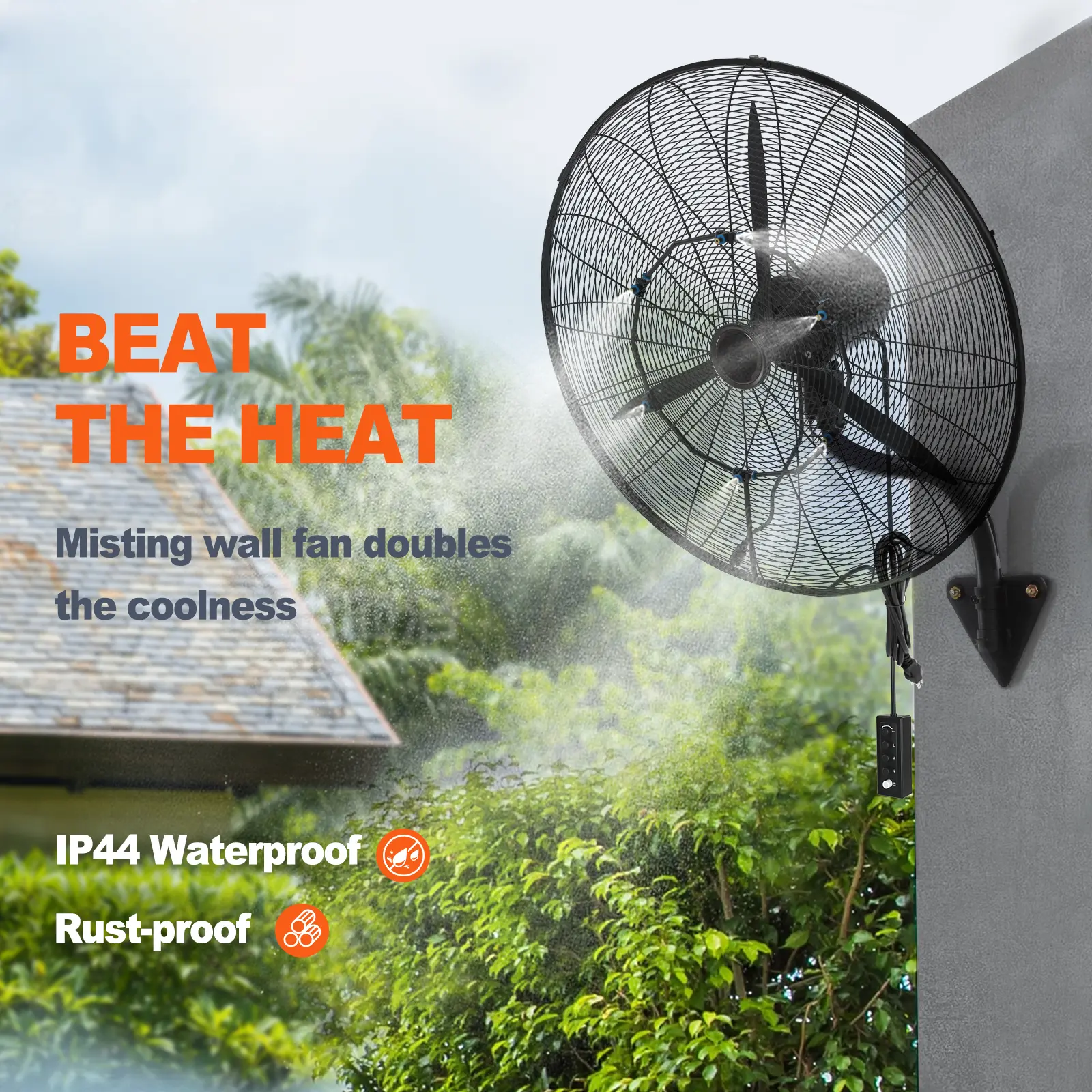 Wall-Mount Misting Fan,  Inch, 3-speed High Velocity Max. 7000 CFM, Waterproof Oscillating Industrial Wall Fan, Commercial Or Residential For Warehouse, Greenhouse, Workshop, Black, ETL Listed, Cooling Wall-Mounted Fans, Mist-Generating Wall-Mounted Fans