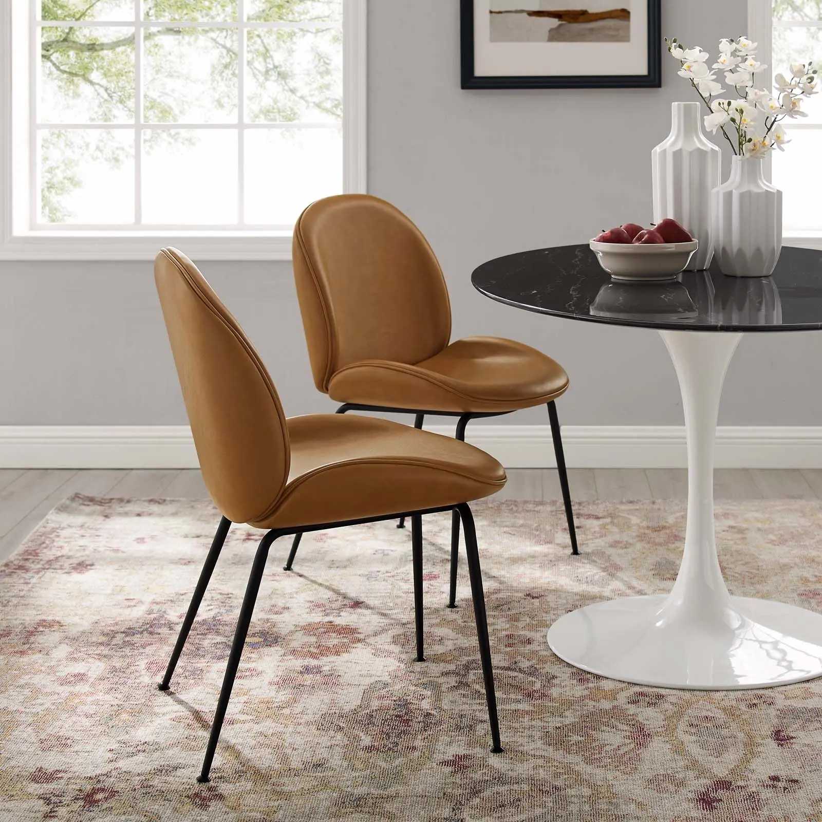Modway Scoop Black Powder Coated Steel Leg Vegan Leather Dining Chairs - Set of 2 in Tan