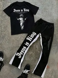 Men's Letter & Jesus Print Short Sleeve Tee & Pants Set, Regular Fit Casual Round Neck T-shirt & Pants, Men's Summer Clothes