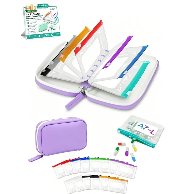14-Cell A8 Pill Case Set, Ideal for Travel and Daily Medication Use – Leakproof Reusable Zipper Pill Organizer with 14 Color-Coded Pill Pouches, Compact Storage Box for Medicines, Vitamins and Pills