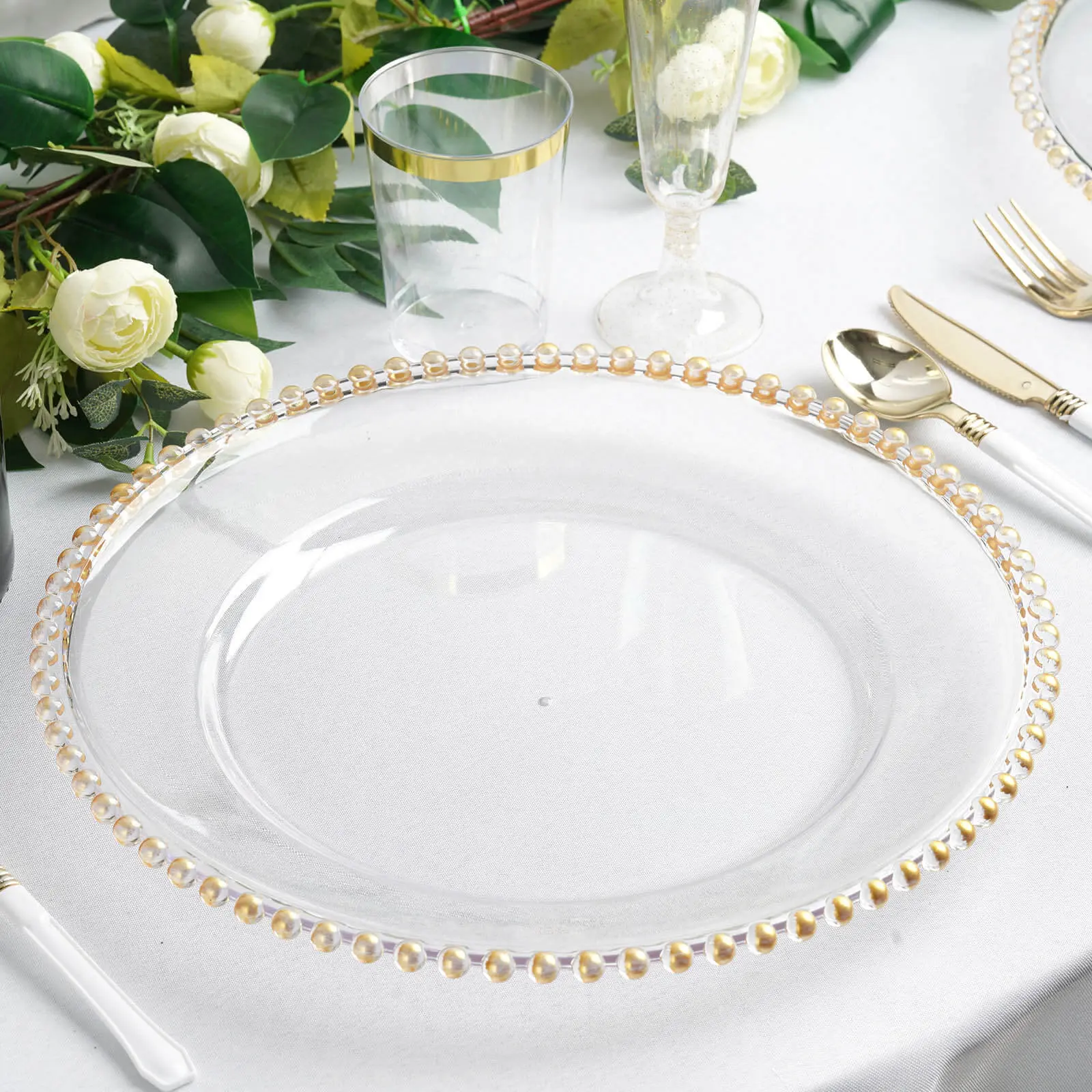 6-Pack Acrylic Charger Plates 13" Round Clear with Gold Beaded Rim - Decorative Dinner Party Serving Plates