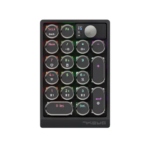 7KEYS Tri-Mode Wireless Mechanical Numeric Keypad - 19-Key Retro Typewriter-Style, Mesmerizing RGB Backlight, 2.4G/Bluetooth, 100% Hot-Swappable, Volume Control, Cells, Portable Universal Multi-Device PC Accessory for Accountants