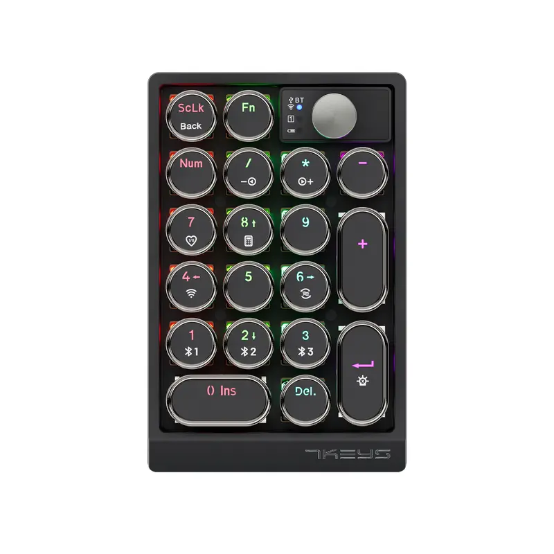 7KEYS Tri-Mode Wireless Mechanical Numeric Keypad - 19-Key Retro Typewriter-Style, Mesmerizing RGB Backlight, 2.4G/Bluetooth, 100% Hot-Swappable, Volume Control, Cells, Portable Universal Multi-Device PC Accessory for Accountants