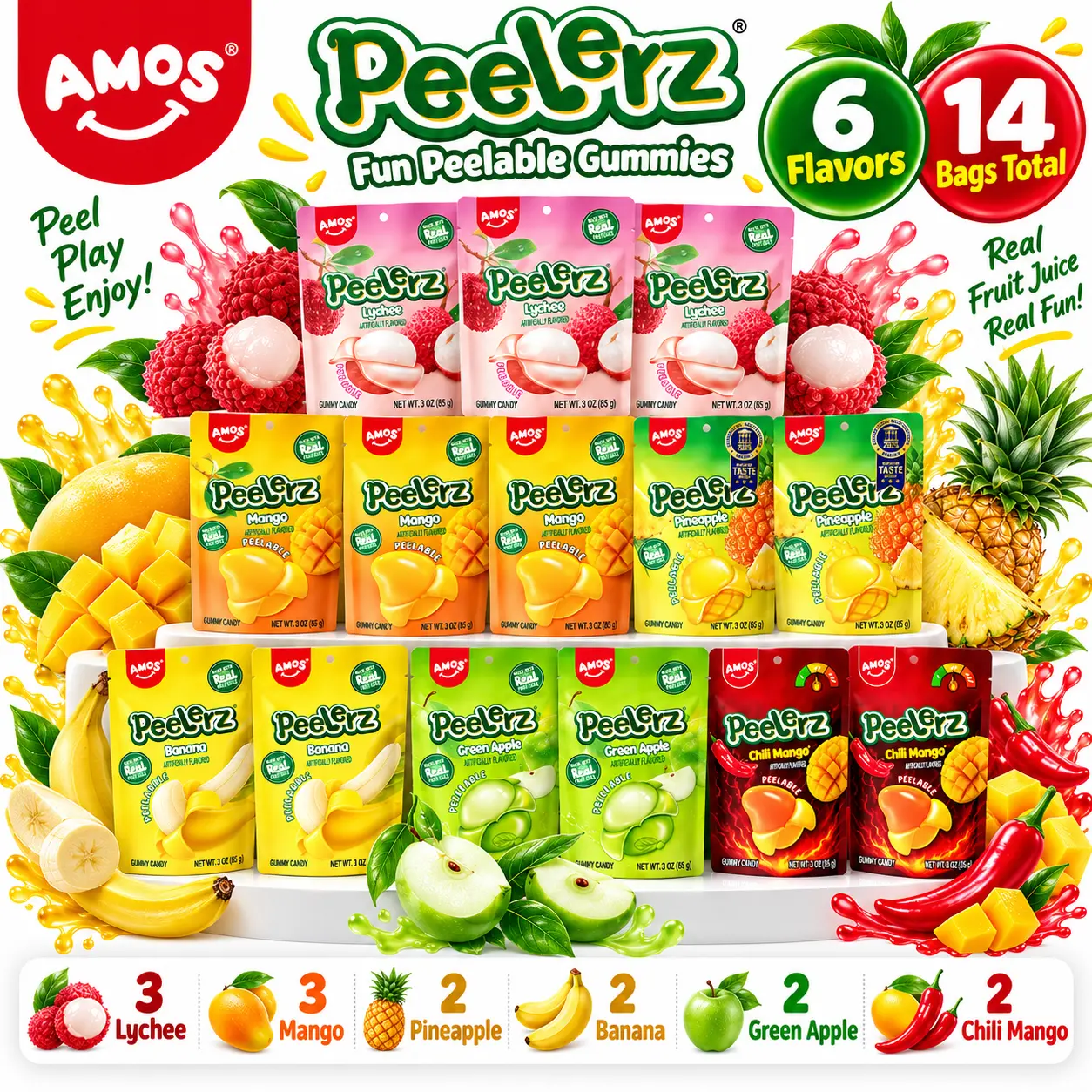 AMOS Peelerz Fun Peelable Gummies Variety Pack, 14 Bags, 6 Flavors: Mango, Lychee, Pineapple, Banana, Green Apple & Chili Mango, 85g Each, Fruity Candy
