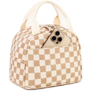 Insulated Lunch Bag women Corduroy Small Lunch Box for Women with Front Pocket Leakproof Cooler Checkered Cute Adult Gilrs Lunch Box for Work School Picnic