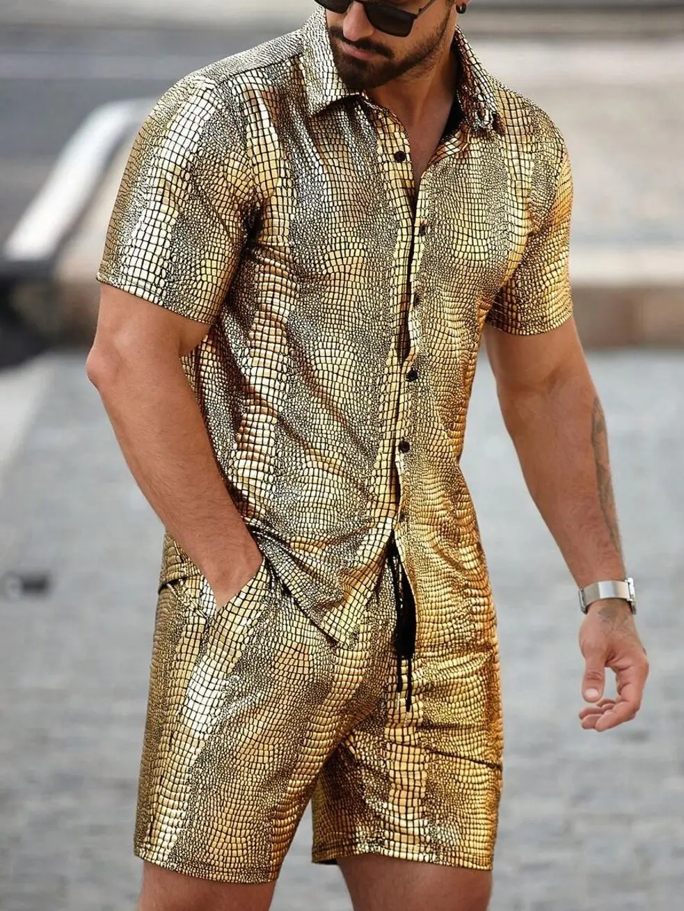 Men's 2 piece sets - Men's Faux Crocodile 2 Piece Set, Textured Button Up Shirt and Shorts Night Out Vacation Wear summer clothing trending clothing trending clothes male clothing men 2 piece sets vacation outfits streetwear
