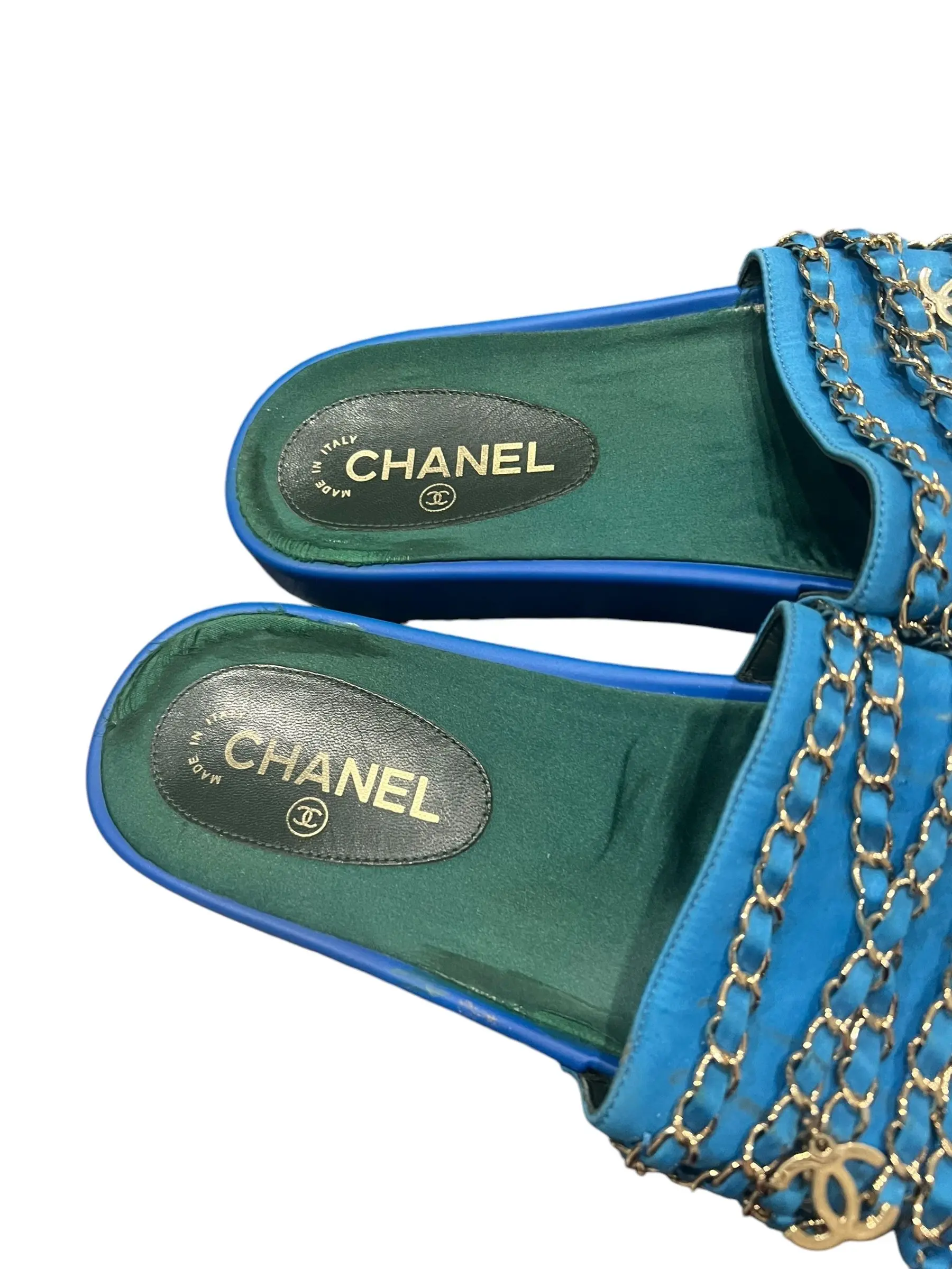 CHANEL: French Blue, Canvas Chain & Interlocking CC Logo Flat