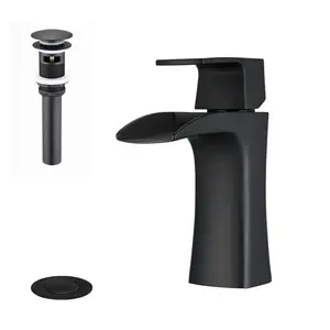 Matte Black Waterfall Bathroom Faucet for Vanity Sink, Single Hole Deck Mounted Brass Bathroom Faucet with Drain, Single Handle Aerated Flow ADA Compliant Faucet