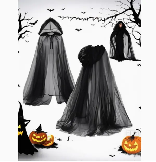Halloween Witch Hooded Long Mesh Cape – Dark Sheer Cloak Costume for Women, Spooky Gothic Party Outfit