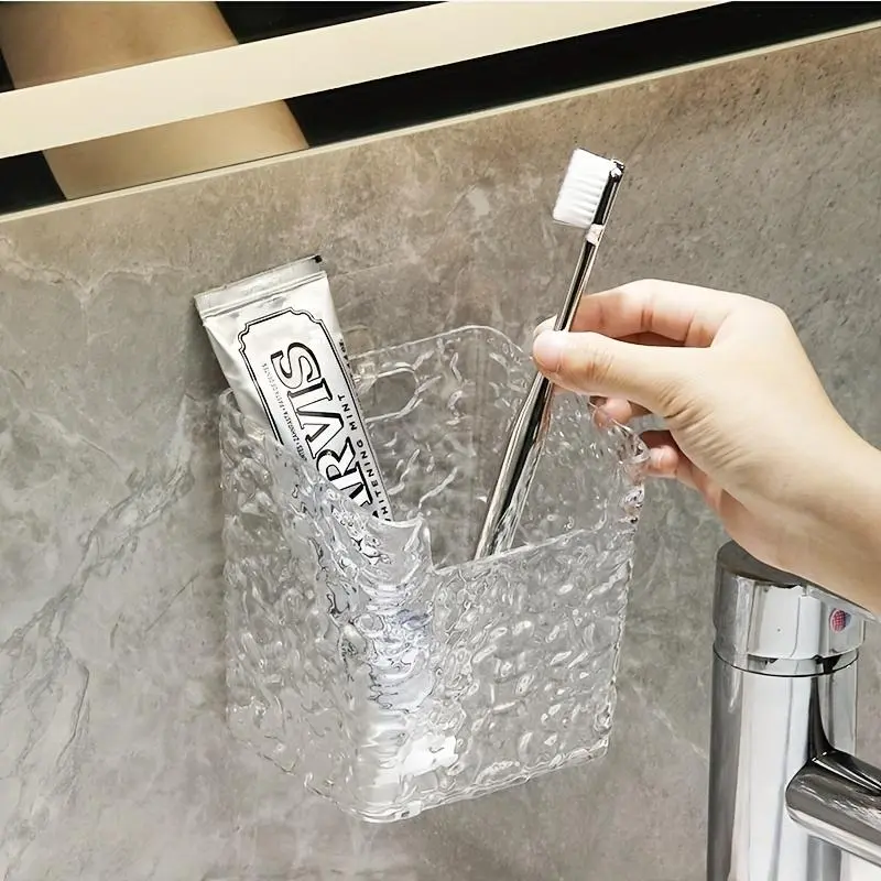 Wall-Mounted Transparent Toothbrush Holder Organizer, Durable Modern Ice Crystal Glossy Plastic Cube Storage Box with Pink Bow, Multiple Sections, Strong Adhesive Backing - No Drilling Space-Saving Bathroom Accessory for Toothpaste, Lipstick