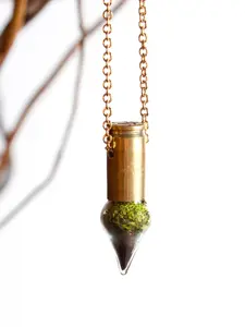 9mm Bullet Shell Teardrop Pendant Necklace with Real Moss & Glass Vial – Handmade Botanical Jewelry