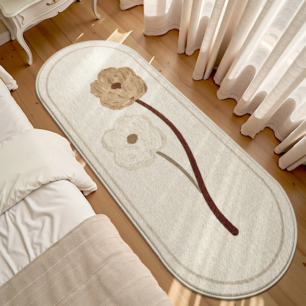 LUMIRUGS Ultra-Thin Boho Flower Rug | Minimalist Cream Oval Bedside Runner | Soft Non-Slip Floor Mat for Bedroom