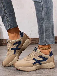 Women's Vintage Thick Sole Casual Sneakers, Athletic Sneaker Footwear, Breathable Mesh Patchwork Design, Slip-On One-Step Closure, All Seasons Fashion