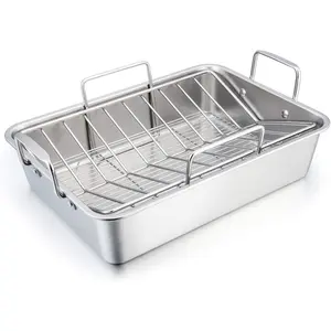 Roasting Pan, 16 Inch Large Turkey Roaster Lasagna Pan With V Rack and Cooling Rack Set, Stainless Steel, For Thanksgiving Christmas, Heavy Duty, Deep Side, Dishwasher Safe, 3 PCS
