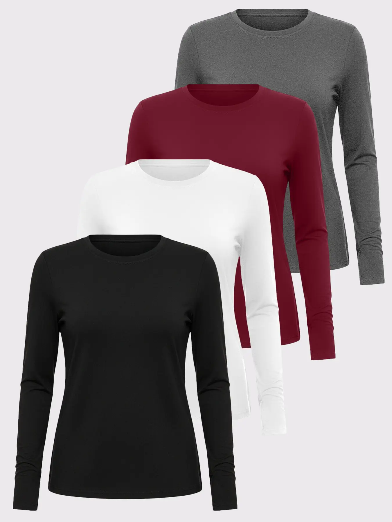TELALEO Women's 4 value pack Long Sleeve Basic Shirts Crew Neck Slim Fitted Compression Gym Workout Athletic Undershirts in Black White Gray & Red