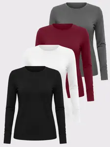 TELALEO Women's 4 value pack Long Sleeve Basic Shirts Crew Neck Slim Fitted Compression Gym Workout Athletic Undershirts in Black White Gray & Red outdoorfun