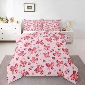 Red Pink Pink Bow Comforter Set Cute Floral Bedding Set for Kids Boys Girls Cute Bowknot Duvet Quilt Kawaii Bedroom Decor Microfiber