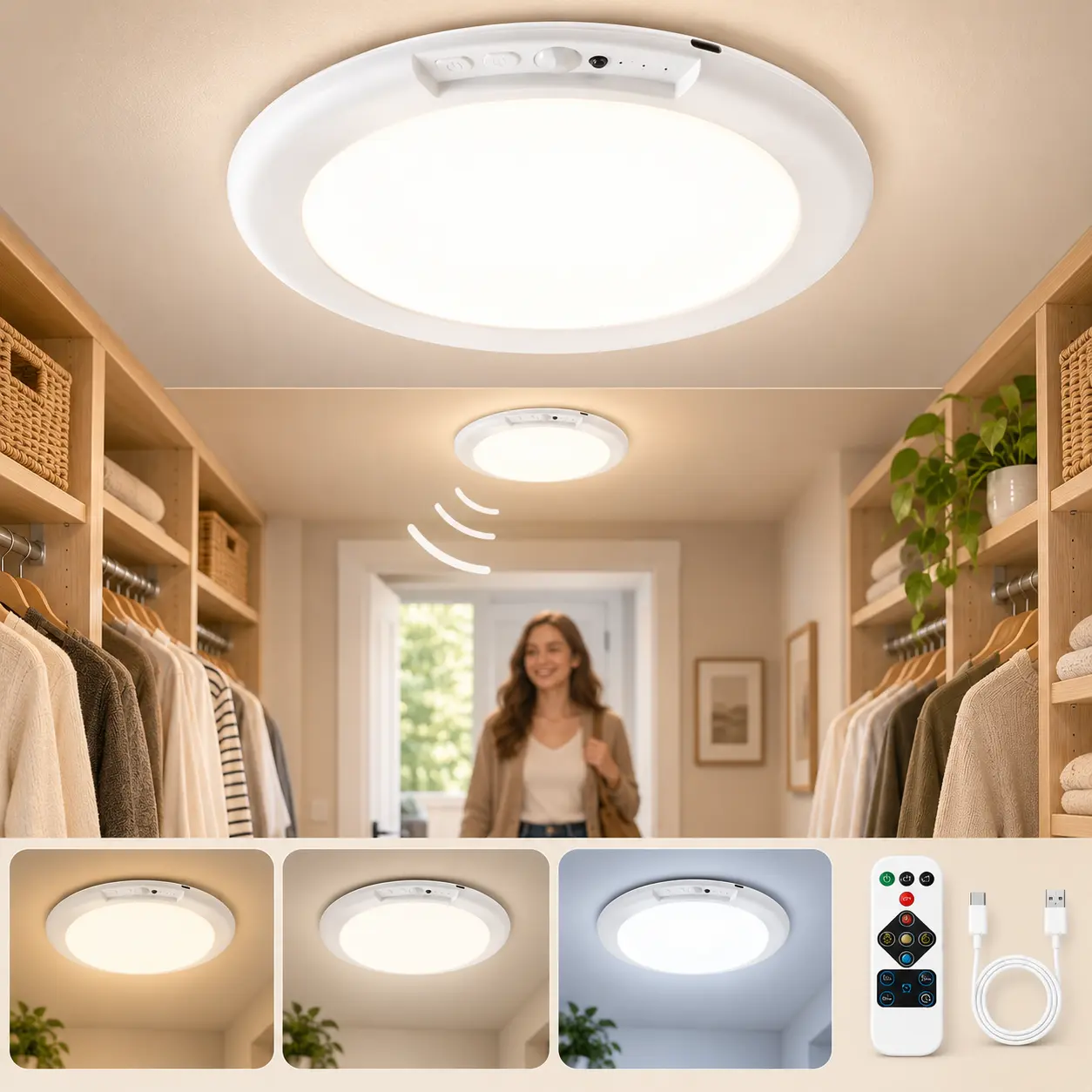Qawtor 4000mAh Rechargeable Motion Sensor Ceiling Lamp - Wire-Free Magnetic Easy Install LED, 3 Color Temperatures, Dimmable Magnetic Design, Remote & Timer, No-Wiring Setup for Closets, Hallways, Bathrooms,#tiktokshopstockup