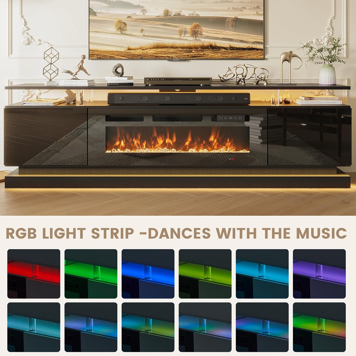 70' Modern Fireplace TV Stand, Black Media Console with Storage for TVs Up to 80', Living Room Entertainment Center