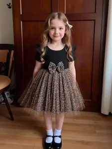 Girls Summer Fashion Comfortable Flutter Sleeve Dress, Ruffle Sleeve Dress, Trendy Knitted Leopard Mesh Flare Dress for Kids, Stylish Casual Wear for Little Girls