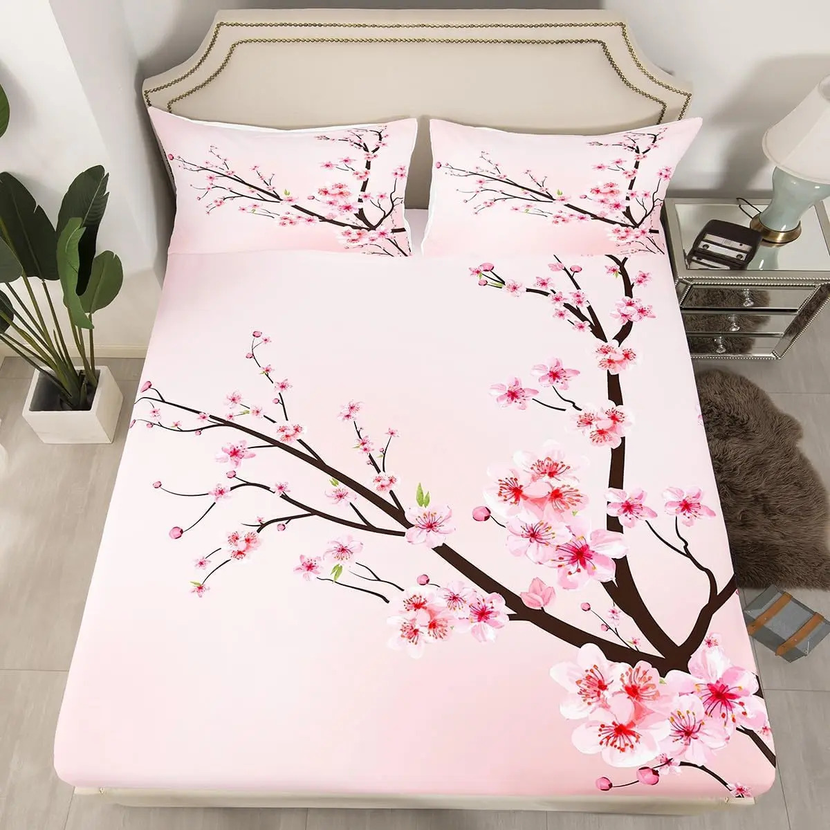 Feelyou Sakura Branch Fitted Sheet Set - Twin-Full Size, Pale Pink Microfiber Bedding Set, Japanese Spring Cherry Blossoms Decorative Bedsheet Linens for Bedroom, Decorative Bedsheet Sets