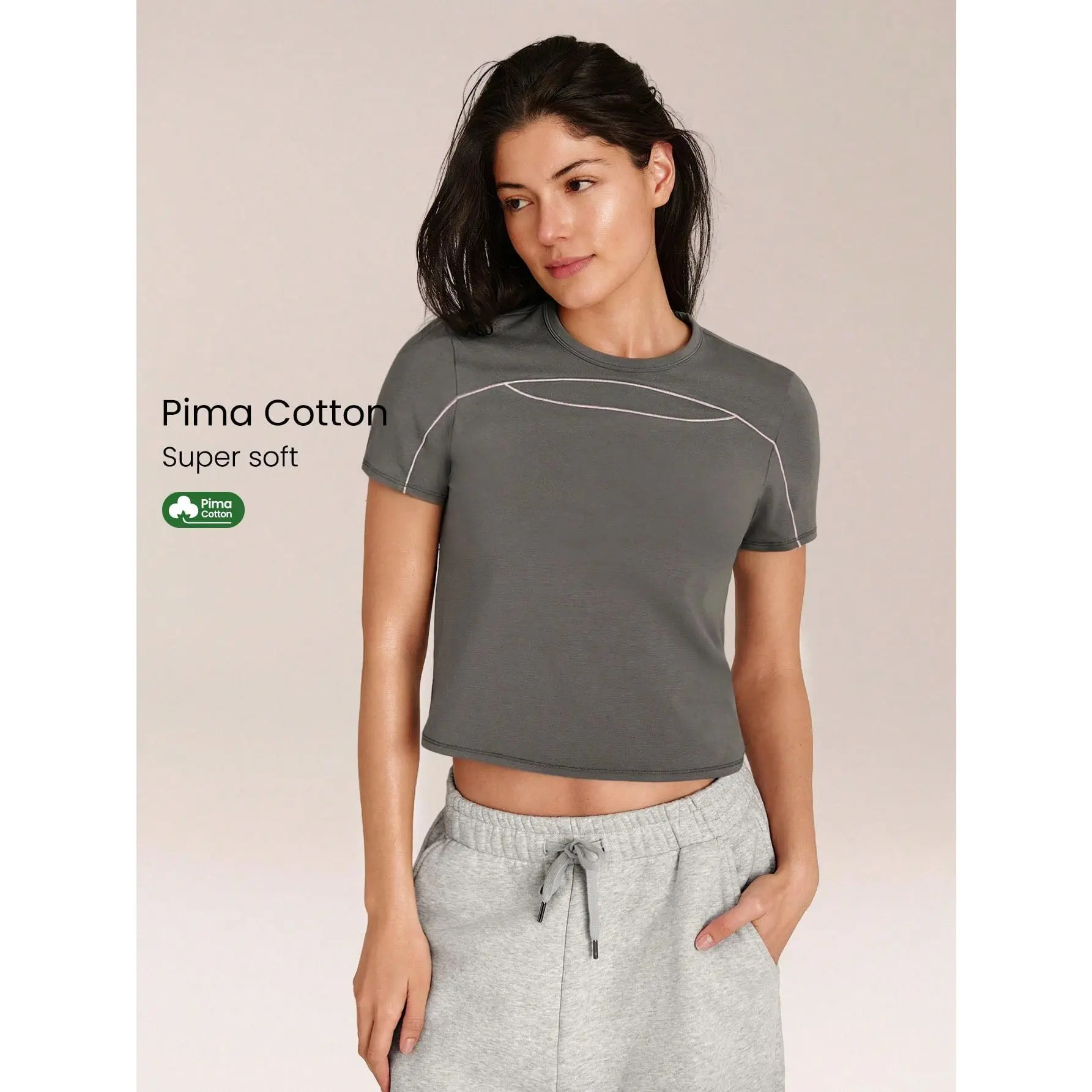 GLOWMODE Pima Cotton Off-Duty Ultra-Soft Breathable Lightweight Stretchy Contrasting Seams Relaxed Fit Slim-Fit Crewneck T-Shirt Gym Workout Studio Daily Casual Wear