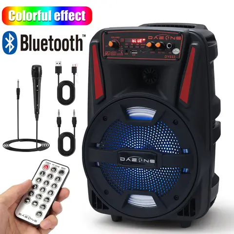 DAZONE Portable Bluetooth PA Karaoke Party Speaker - 8” Rechargeable Portable Stereo Speaker with Loud Bass, LED Lights, FM Radio, Remote Control, Microphone, 3.5mm Jack, USB Flash Drive Compatibility