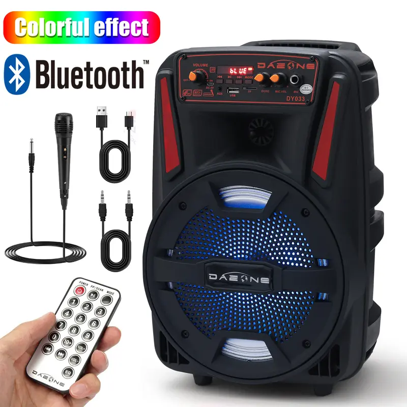 DAZONE Portable Bluetooth PA Karaoke Party Speaker - 8” Rechargeable Portable Stereo Speaker with Loud Bass, LED Lights, FM Radio, Remote Control, Microphone, 3.5mm Jack, USB Flash Drive Compatibility