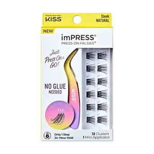 Impress Falsies Pre-Glued False Eyelashes Minipack - Sleek | 12 Lash Clusters, With Mini Applicator, 12mm-14mm
