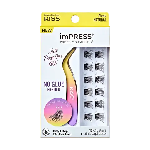 Impress Falsies Pre-Glued False Eyelashes Minipack - Sleek | 12 Lash Clusters, With Mini Applicator, 12mm-14mm