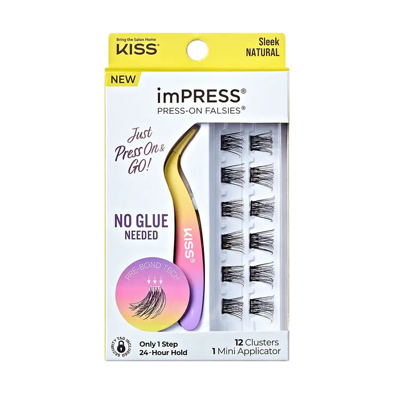 Impress Falsies Pre-Glued False Eyelashes Minipack - Sleek | 12 Lash Clusters, With Mini Applicator, 12mm-14mm